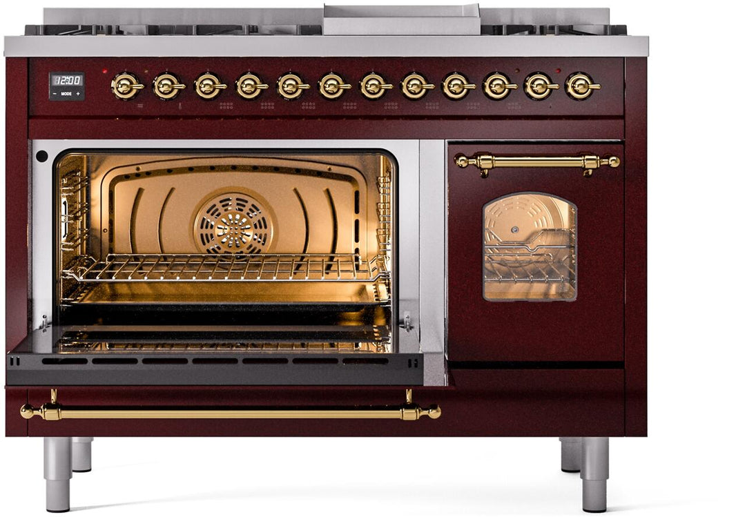 ILVE Nostalgie II 48-Inch Dual Fuel Freestanding Range in Burgundy with Brass Trim (UP48FNMPBUG)