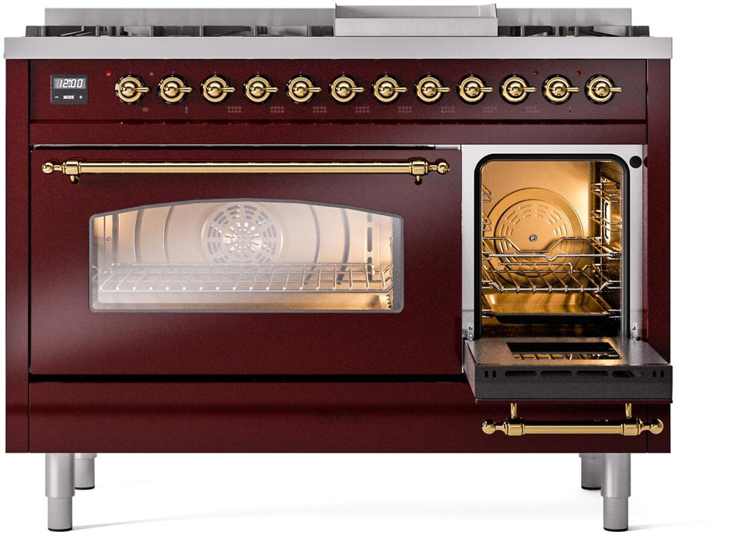 ILVE Nostalgie II 48-Inch Dual Fuel Freestanding Range in Burgundy with Brass Trim (UP48FNMPBUG)