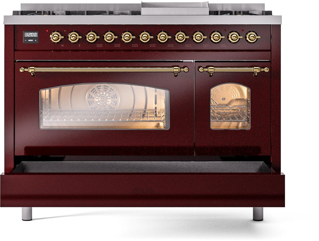 ILVE Nostalgie II 48-Inch Dual Fuel Freestanding Range in Burgundy with Brass Trim (UP48FNMPBUG)