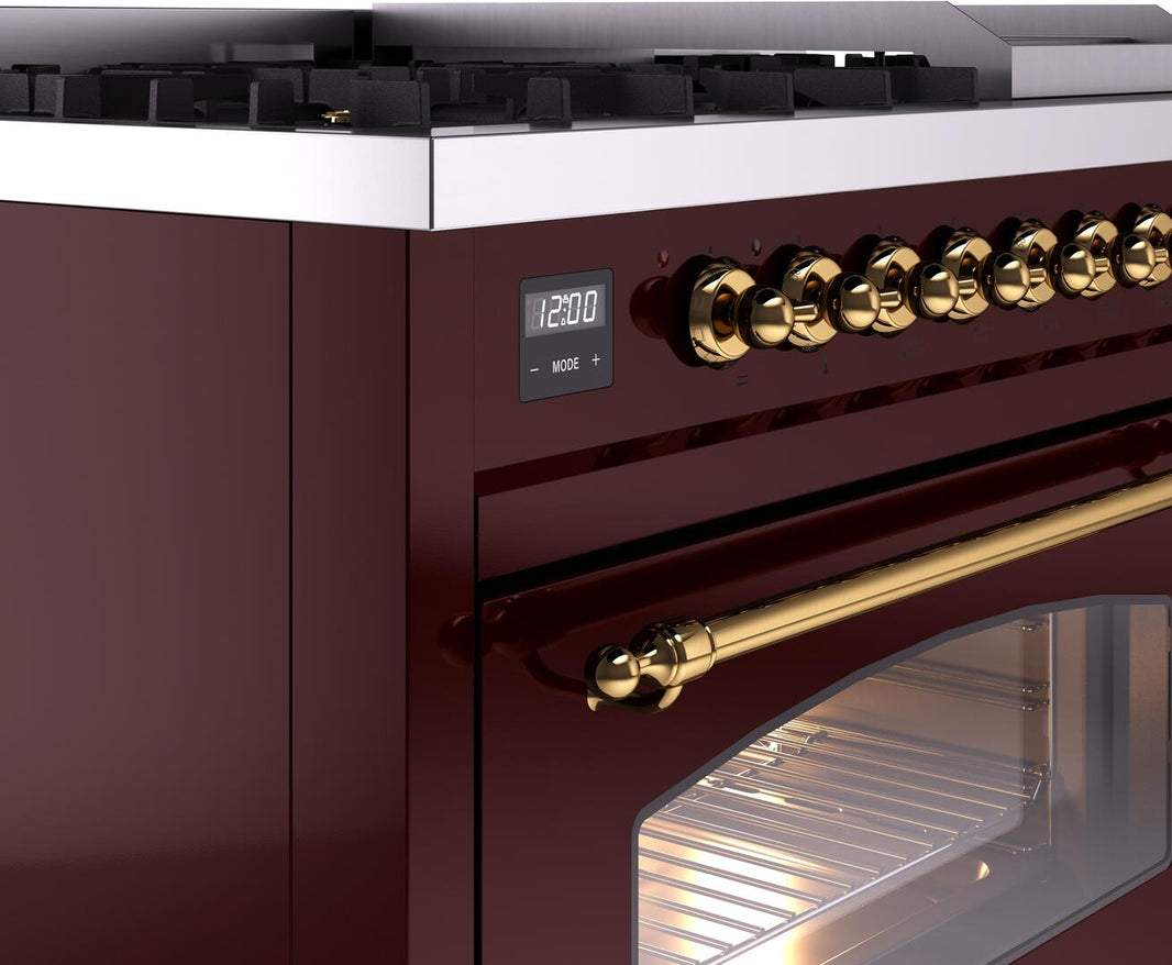 ILVE Nostalgie II 48-Inch Dual Fuel Freestanding Range in Burgundy with Brass Trim (UP48FNMPBUG)