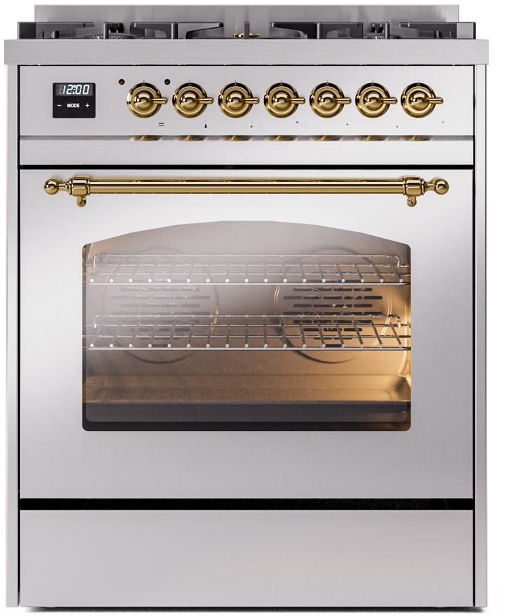 ILVE Nostalgie II 30-Inch Dual Fuel Freestanding Range in Stainless Steel with Brass Trim (UP30NMPSSG)