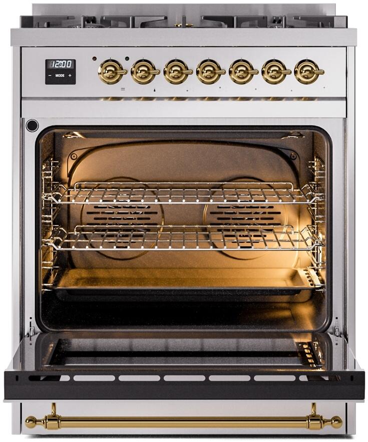 ILVE Nostalgie II 30-Inch Dual Fuel Freestanding Range in Stainless Steel with Brass Trim (UP30NMPSSG)