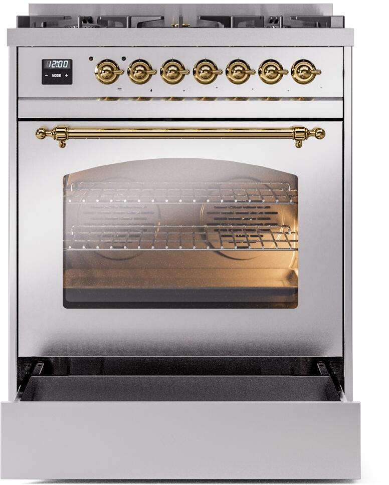 ILVE Nostalgie II 30-Inch Dual Fuel Freestanding Range in Stainless Steel with Brass Trim (UP30NMPSSG)