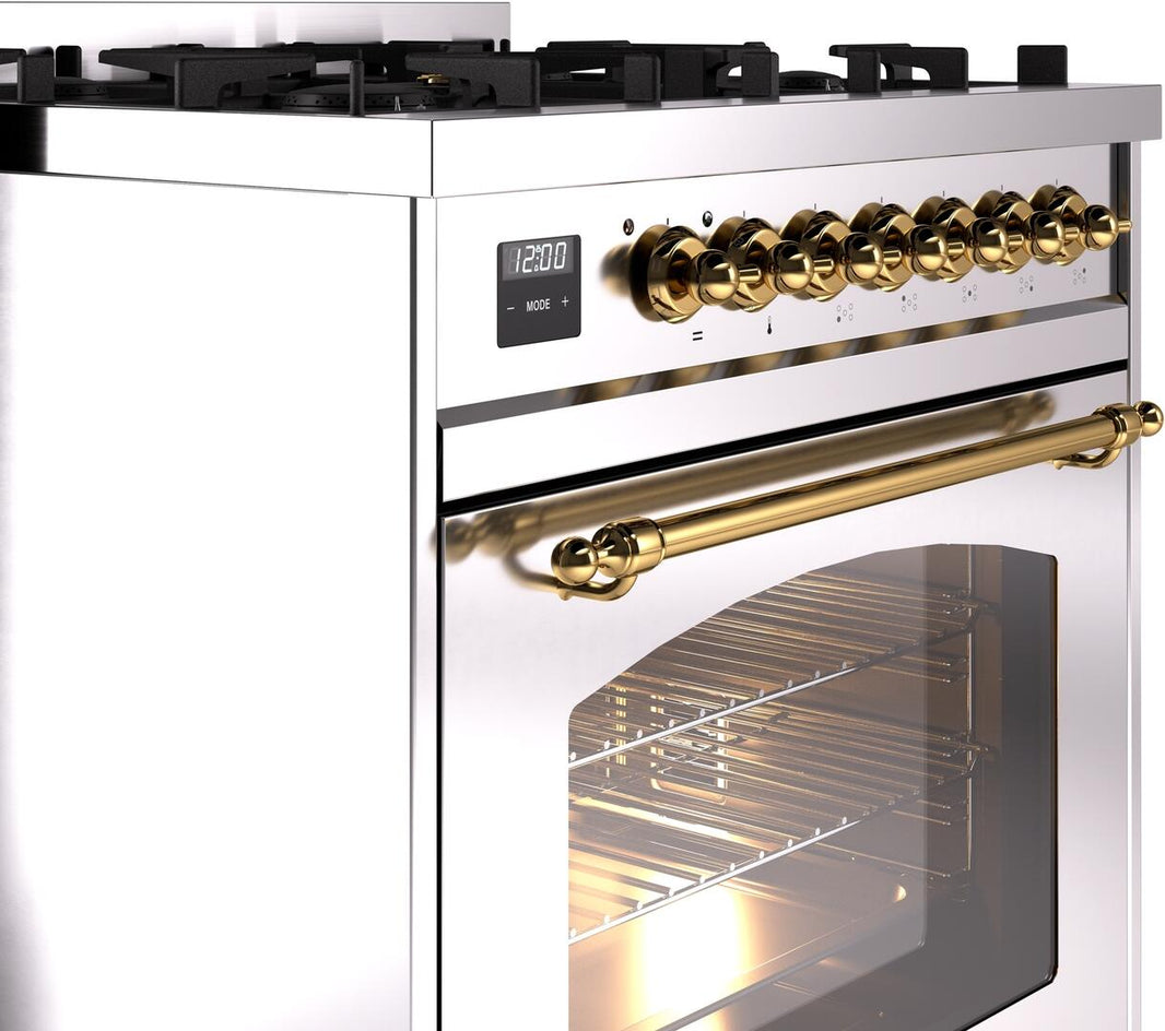 ILVE Nostalgie II 30-Inch Dual Fuel Freestanding Range in Stainless Steel with Brass Trim (UP30NMPSSG)