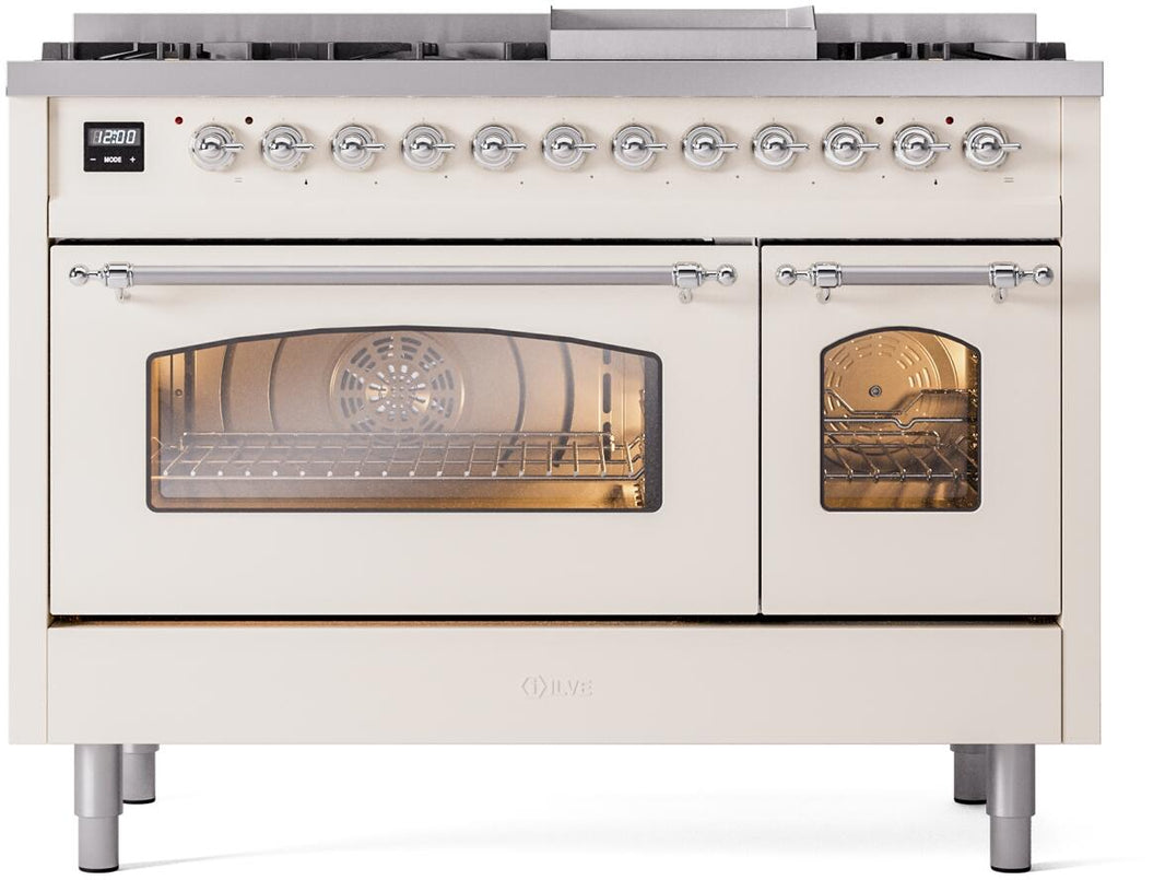 ILVE Nostalgie II 48-Inch Dual Fuel Freestanding Range in Antique White with Chrome Trim (UP48FNMPAWC)