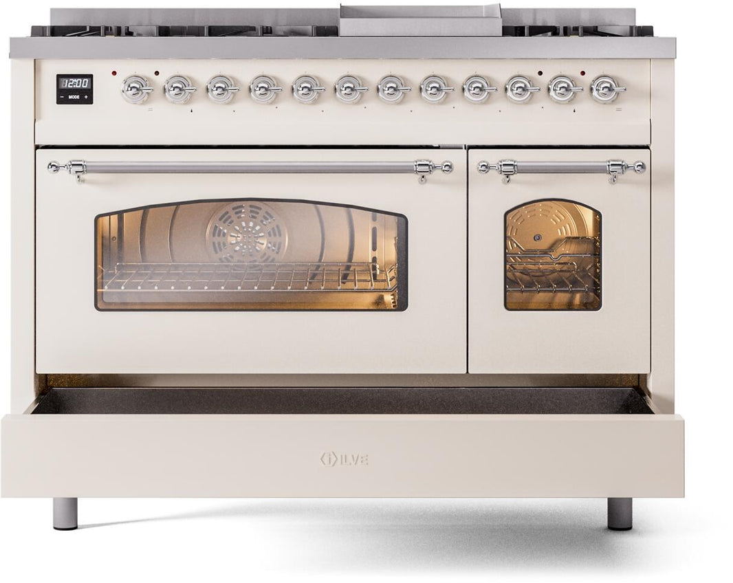 ILVE Nostalgie II 48-Inch Dual Fuel Freestanding Range in Antique White with Chrome Trim (UP48FNMPAWC)