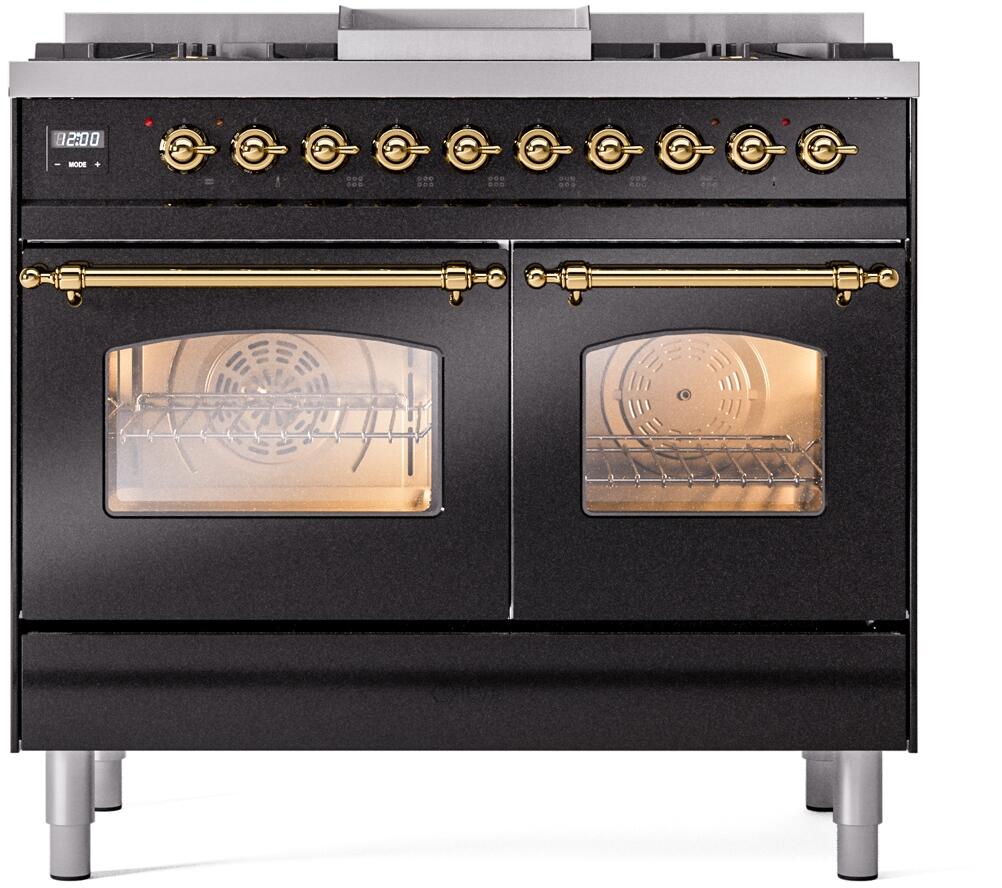 ILVE Nostalgie II 40-Inch Dual Fuel Freestanding Range in Glossy Black with Brass Trim (UPD40FNMPBKG)