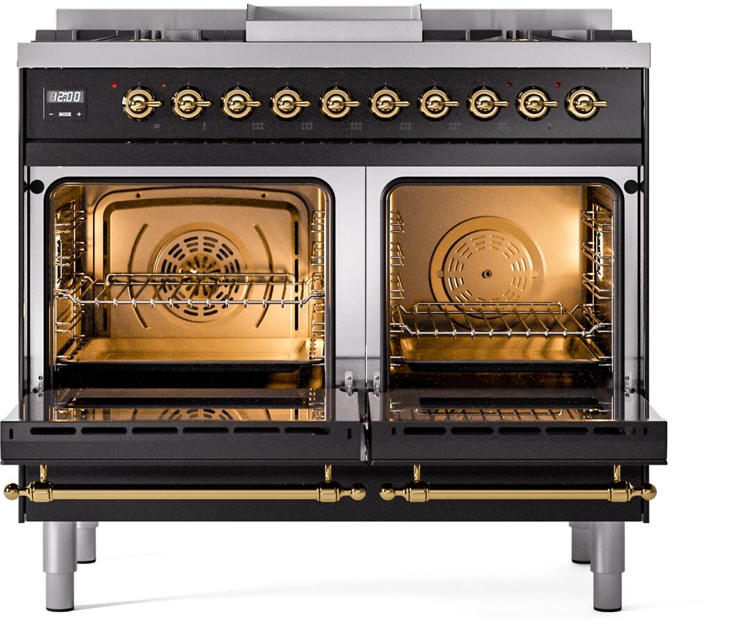 ILVE Nostalgie II 40-Inch Dual Fuel Freestanding Range in Glossy Black with Brass Trim (UPD40FNMPBKG)