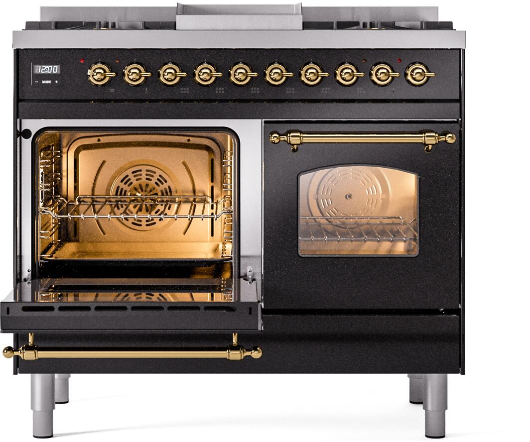 ILVE Nostalgie II 40-Inch Dual Fuel Freestanding Range in Glossy Black with Brass Trim (UPD40FNMPBKG)