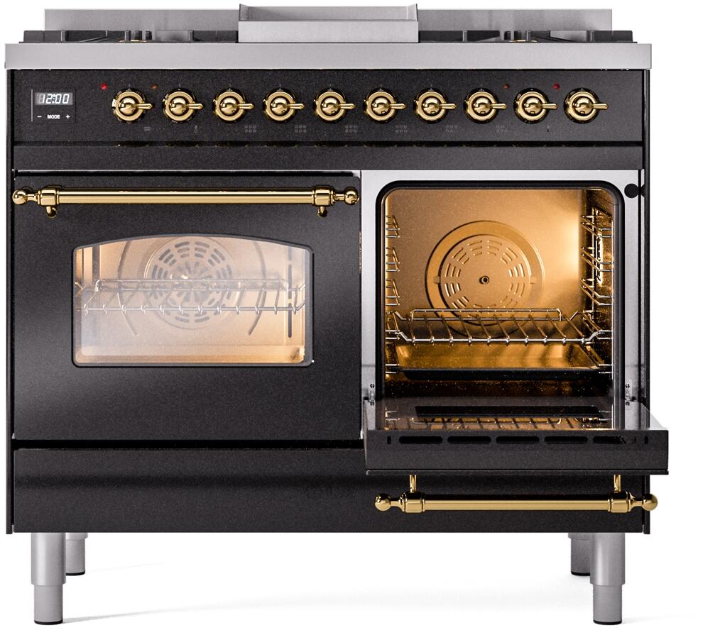 ILVE Nostalgie II 40-Inch Dual Fuel Freestanding Range in Glossy Black with Brass Trim (UPD40FNMPBKG)