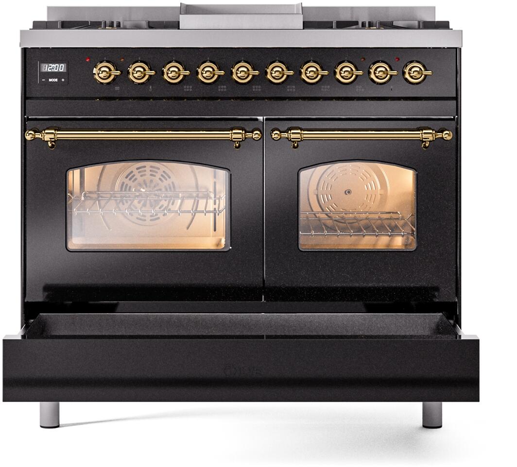 ILVE Nostalgie II 40-Inch Dual Fuel Freestanding Range in Glossy Black with Brass Trim (UPD40FNMPBKG)