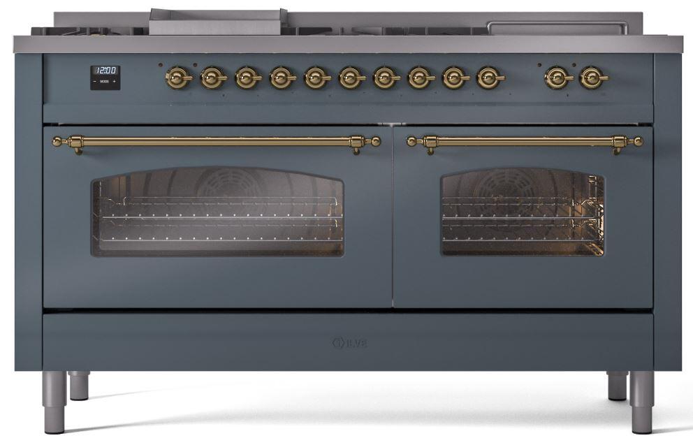 ILVE Nostalgie II 60-Inch Dual Fuel Freestanding Range in Blue Grey with Brass Trim (UP60FSNMPBGG)