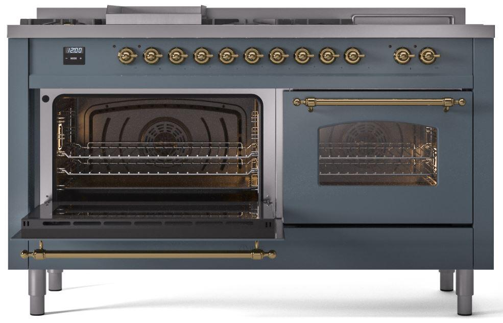 ILVE Nostalgie II 60-Inch Dual Fuel Freestanding Range in Blue Grey with Brass Trim (UP60FSNMPBGG)