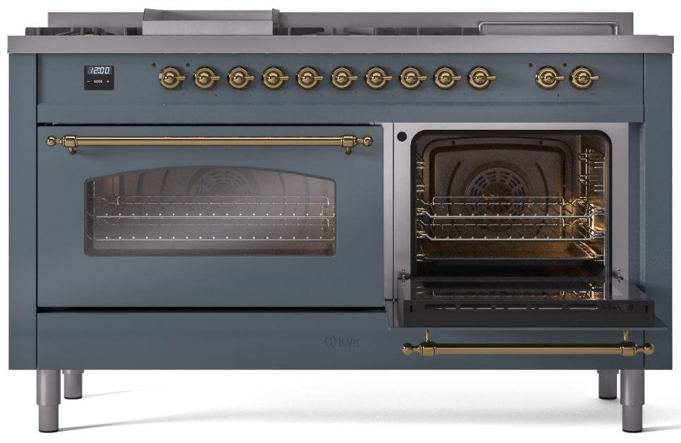 ILVE Nostalgie II 60-Inch Dual Fuel Freestanding Range in Blue Grey with Brass Trim (UP60FSNMPBGG)