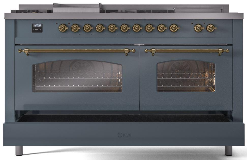 ILVE Nostalgie II 60-Inch Dual Fuel Freestanding Range in Blue Grey with Brass Trim (UP60FSNMPBGG)