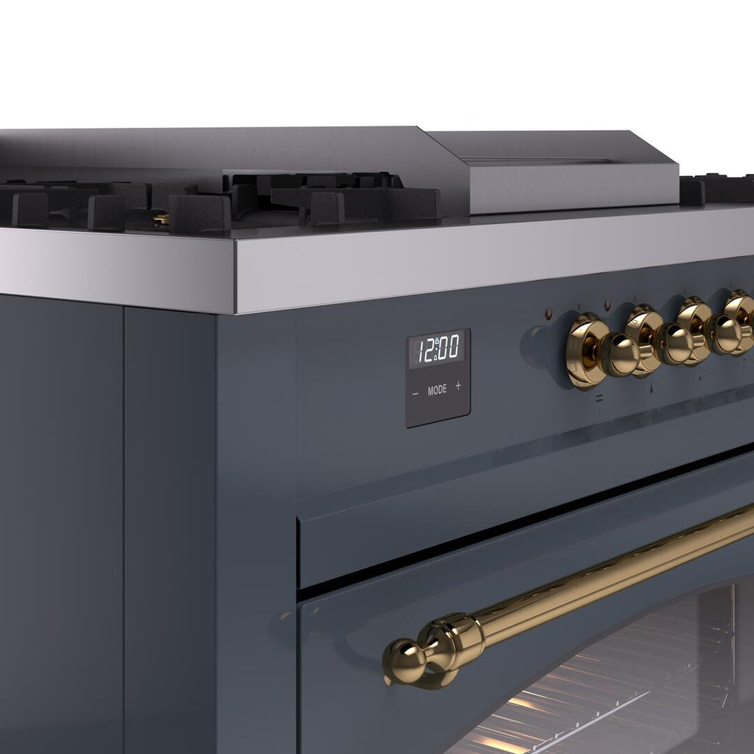 ILVE Nostalgie II 60-Inch Dual Fuel Freestanding Range in Blue Grey with Brass Trim (UP60FSNMPBGG)