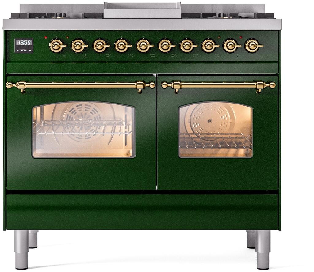 ILVE Nostalgie II 40-Inch Dual Fuel Freestanding Range in Emerald Green with Brass Trim (UPD40FNMPEGG)