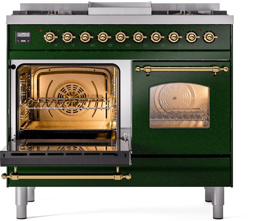 ILVE Nostalgie II 40-Inch Dual Fuel Freestanding Range in Emerald Green with Brass Trim (UPD40FNMPEGG)