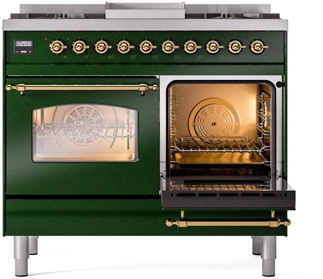 ILVE Nostalgie II 40-Inch Dual Fuel Freestanding Range in Emerald Green with Brass Trim (UPD40FNMPEGG)