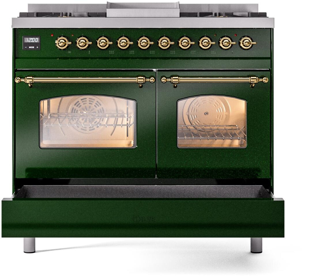 ILVE Nostalgie II 40-Inch Dual Fuel Freestanding Range in Emerald Green with Brass Trim (UPD40FNMPEGG)