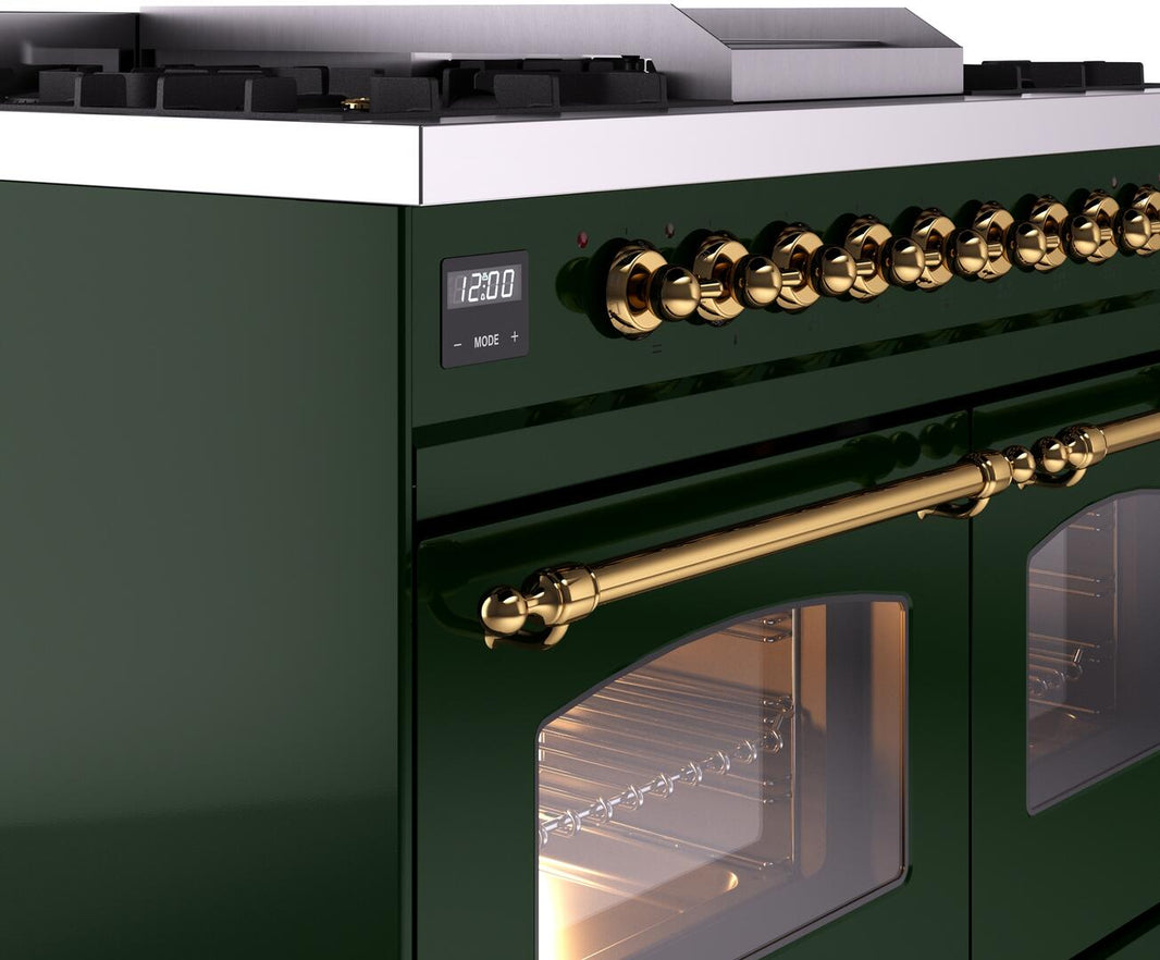 ILVE Nostalgie II 40-Inch Dual Fuel Freestanding Range in Emerald Green with Brass Trim (UPD40FNMPEGG)