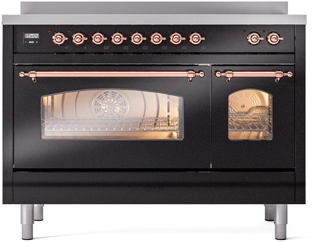 ILVE Nostalgie II 48-Inch Freestanding Electric Induction Range in Glossy Black with Copper Trim (UPI486NMPBKP)