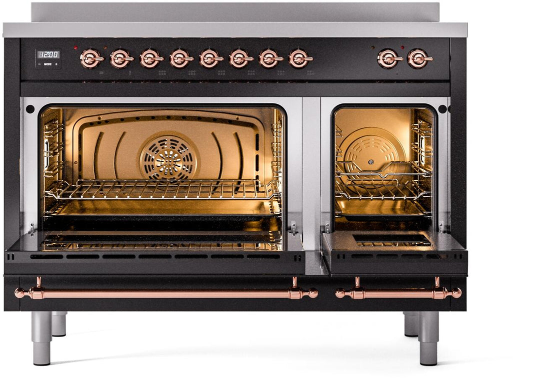 ILVE Nostalgie II 48-Inch Freestanding Electric Induction Range in Glossy Black with Copper Trim (UPI486NMPBKP)