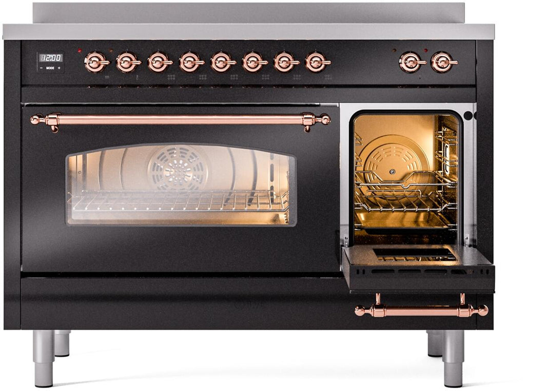 ILVE Nostalgie II 48-Inch Freestanding Electric Induction Range in Glossy Black with Copper Trim (UPI486NMPBKP)