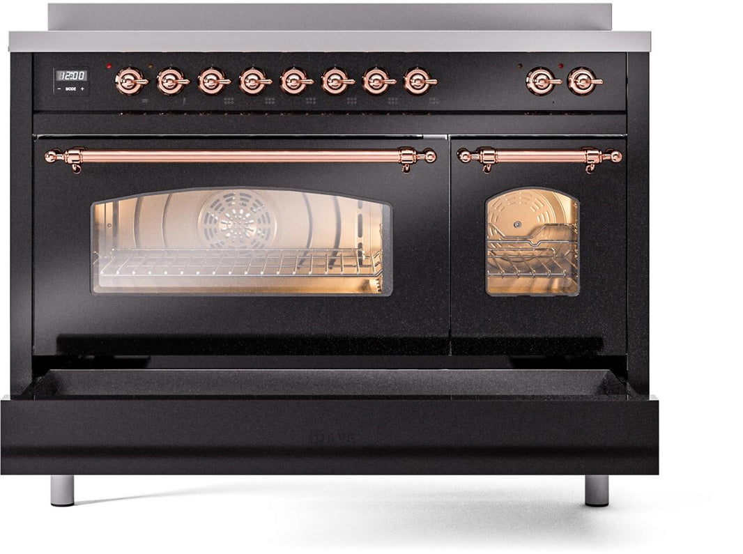 ILVE Nostalgie II 48-Inch Freestanding Electric Induction Range in Glossy Black with Copper Trim (UPI486NMPBKP)