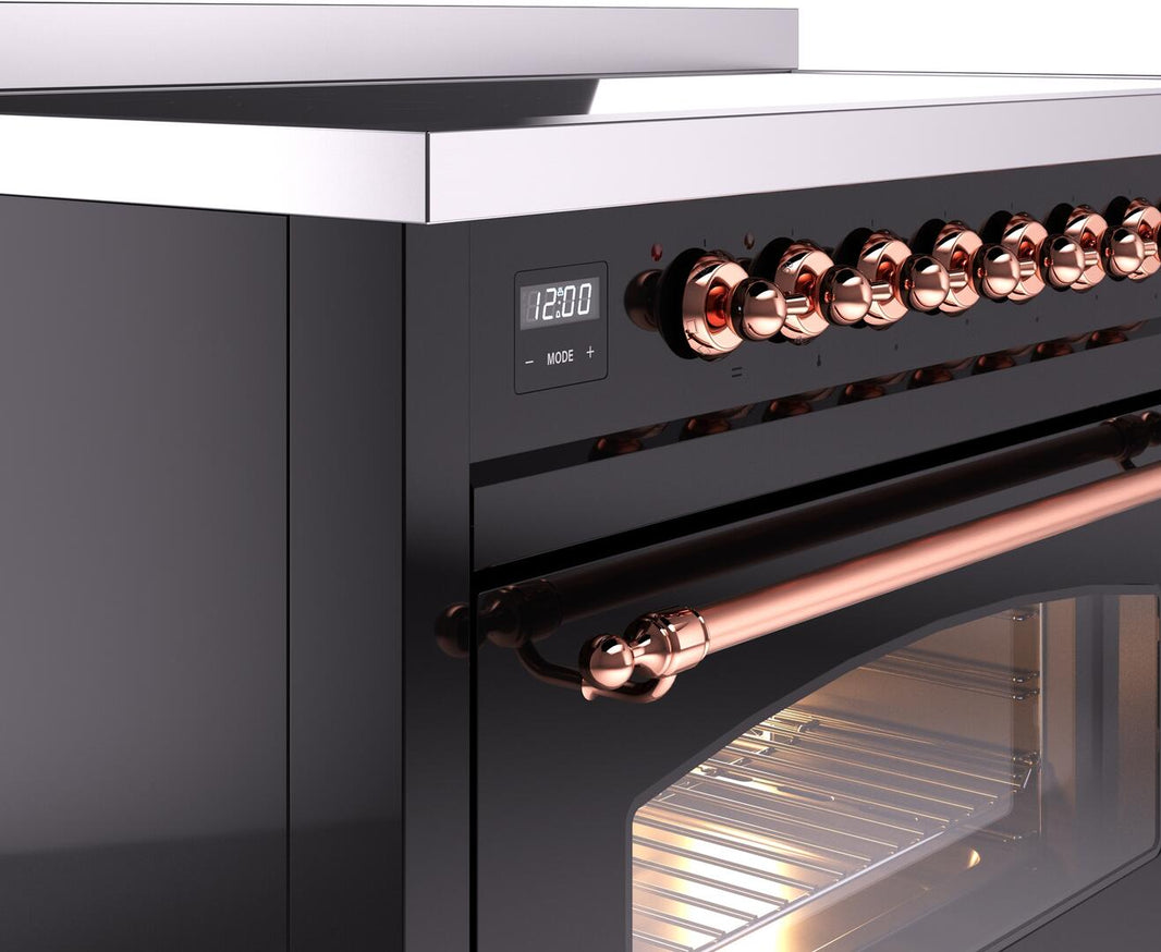 ILVE Nostalgie II 48-Inch Freestanding Electric Induction Range in Glossy Black with Copper Trim (UPI486NMPBKP)