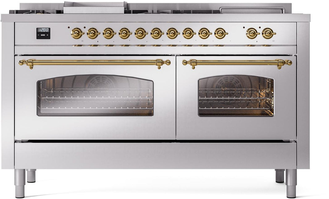 ILVE Nostalgie II 60-Inch Dual Fuel Freestanding Range in Stainless Steel with Brass Trim (UP60FSNMPSSG)