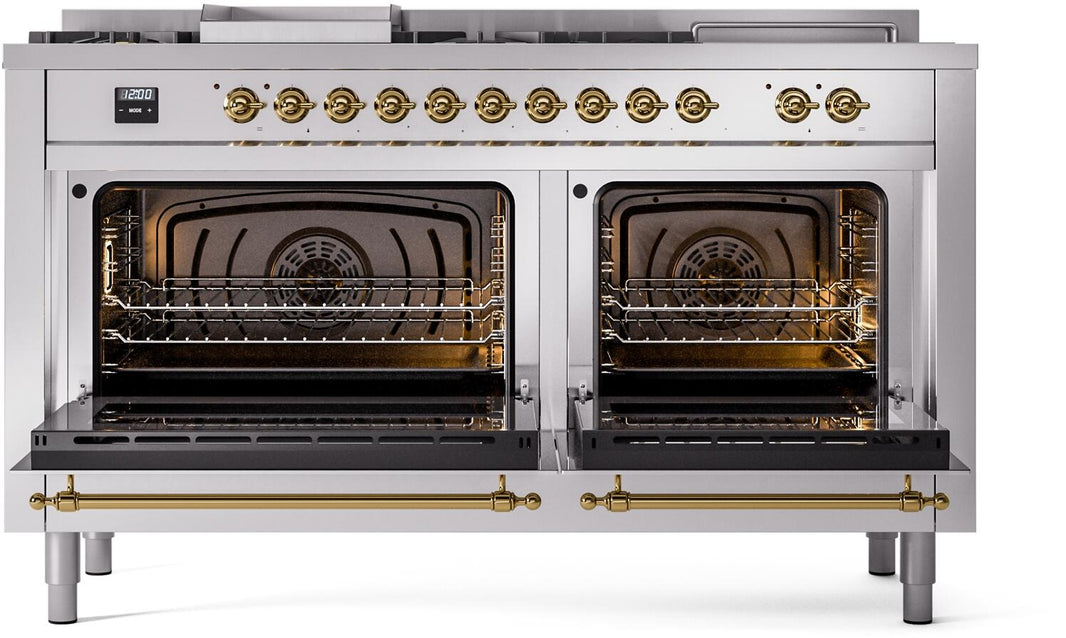 ILVE Nostalgie II 60-Inch Dual Fuel Freestanding Range in Stainless Steel with Brass Trim (UP60FSNMPSSG)