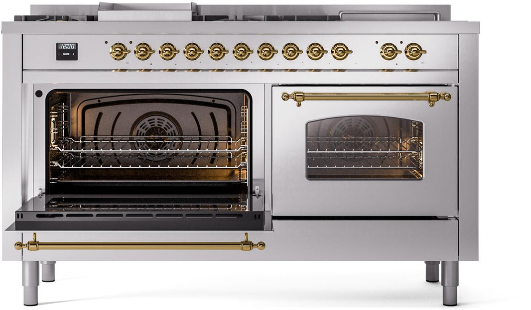 ILVE Nostalgie II 60-Inch Dual Fuel Freestanding Range in Stainless Steel with Brass Trim (UP60FSNMPSSG)