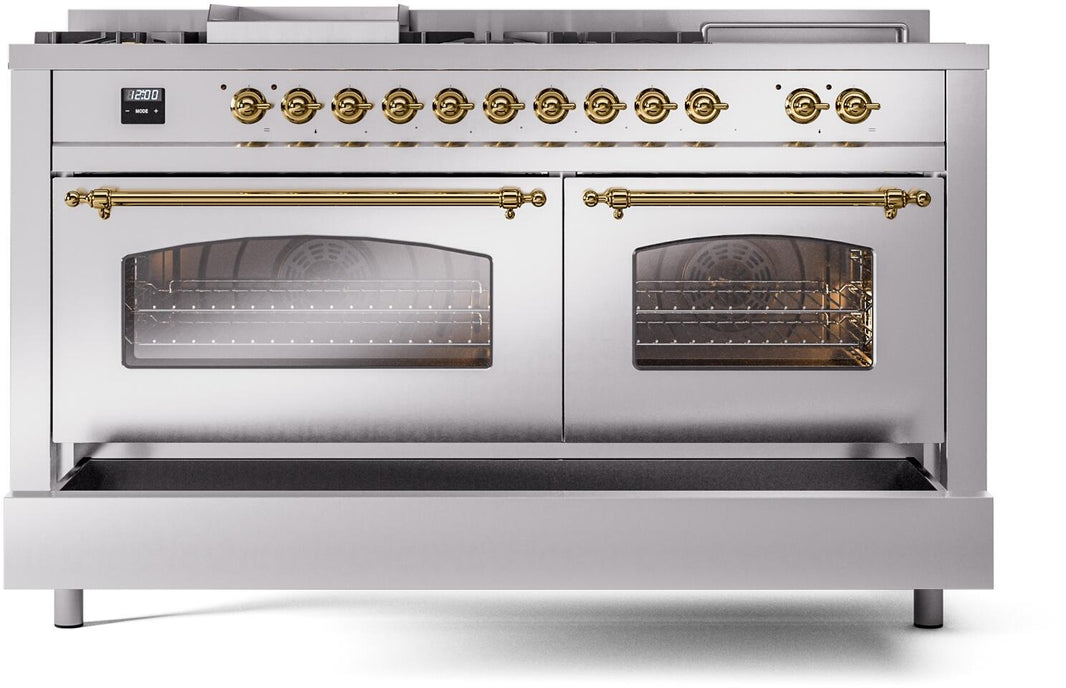 ILVE Nostalgie II 60-Inch Dual Fuel Freestanding Range in Stainless Steel with Brass Trim (UP60FSNMPSSG)