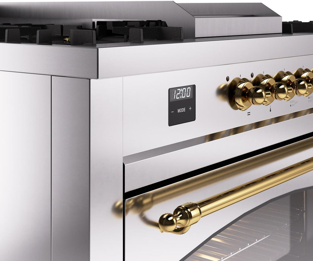 ILVE Nostalgie II 60-Inch Dual Fuel Freestanding Range in Stainless Steel with Brass Trim (UP60FSNMPSSG)