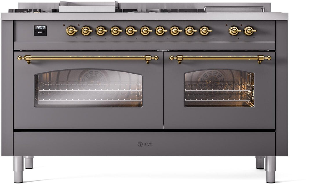 ILVE Nostalgie II 60-Inch Dual Fuel Freestanding Range in Matte Graphite with Brass Trim (UP60FSNMPMGG)