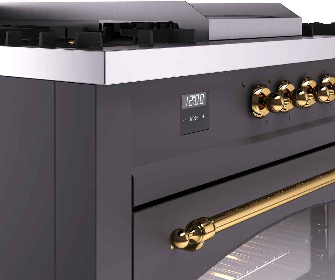 ILVE Nostalgie II 60-Inch Dual Fuel Freestanding Range in Matte Graphite with Brass Trim (UP60FSNMPMGG)