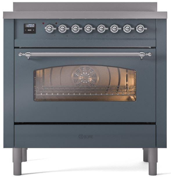 ILVE Nostalgie II 36-Inch Freestanding Electric Induction Range in Blue Grey with Chrome Trim (UPI366NMPBGC)