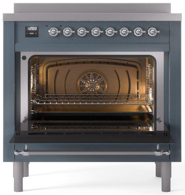 ILVE Nostalgie II 36-Inch Freestanding Electric Induction Range in Blue Grey with Chrome Trim (UPI366NMPBGC)