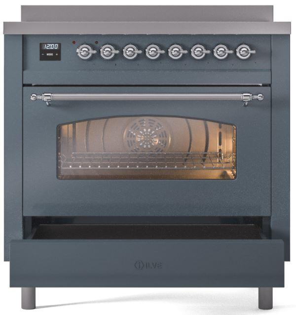 ILVE Nostalgie II 36-Inch Freestanding Electric Induction Range in Blue Grey with Chrome Trim (UPI366NMPBGC)