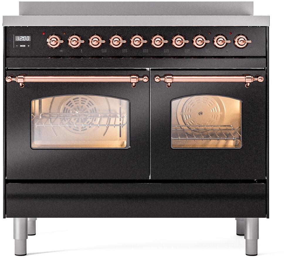 ILVE Nostalgie II 40-Inch Freestanding Electric Induction Range in Glossy Black with Copper Trim (UPDI406NMPBKP)