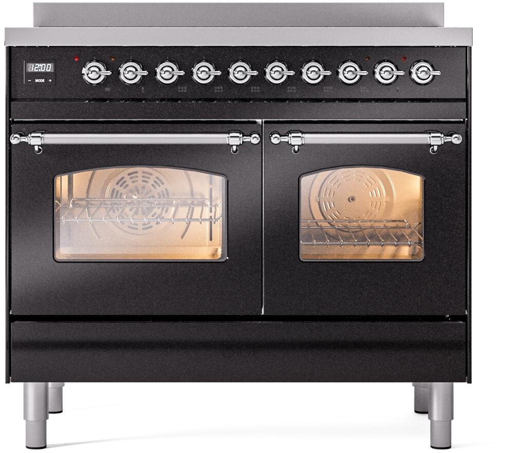 ILVE Nostalgie II 40-Inch Freestanding Electric Induction Range in Glossy Black with Chrome Trim (UPDI406NMPBKC)