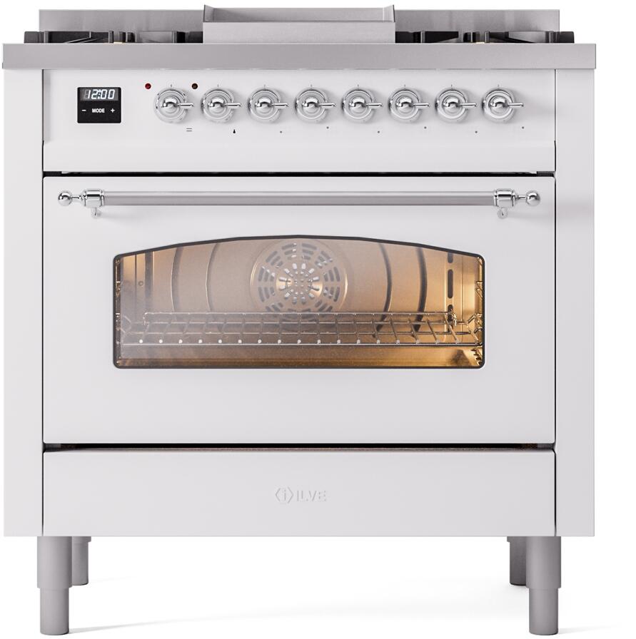 ILVE Nostalgie II 36-Inch Dual Fuel Freestanding Range in White with Chrome Trim (UP36FNMPWHC)