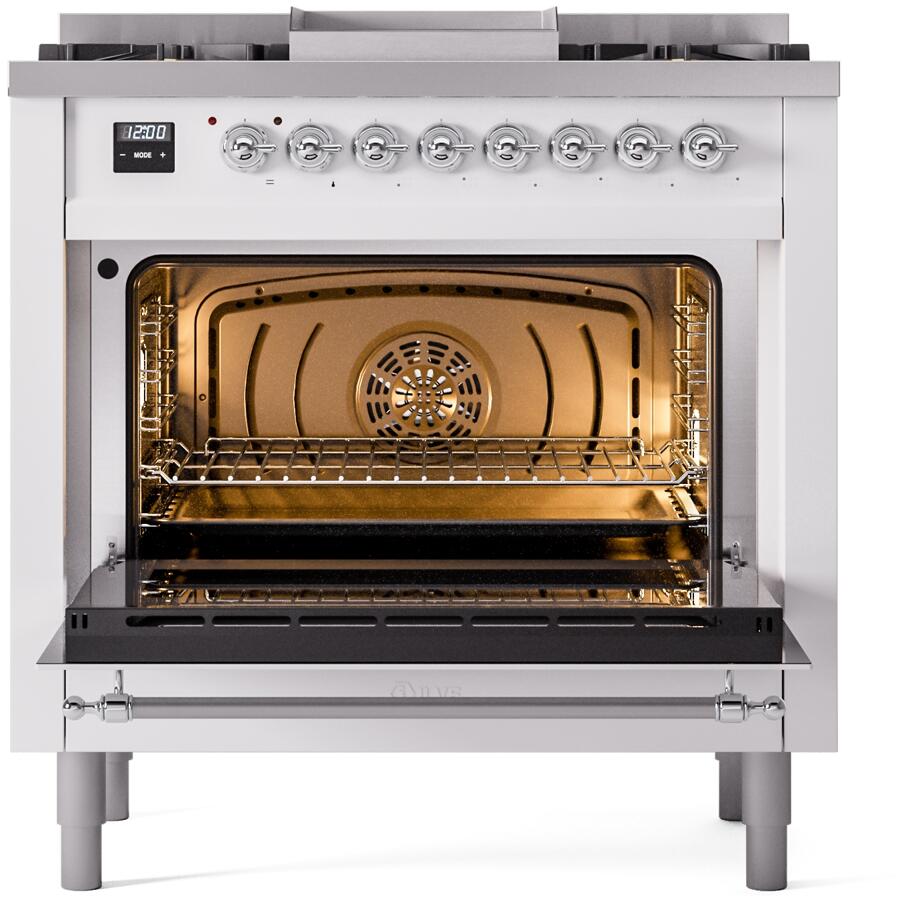 ILVE Nostalgie II 36-Inch Dual Fuel Freestanding Range in White with Chrome Trim (UP36FNMPWHC)