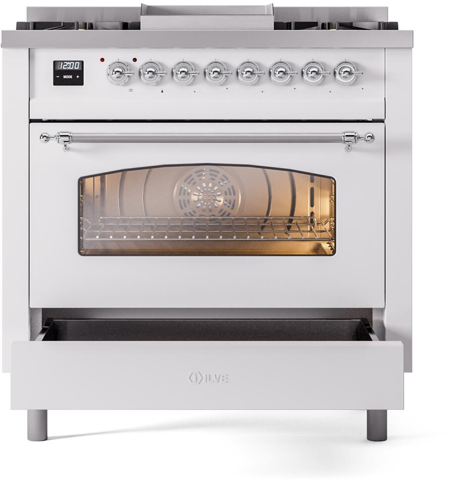 ILVE Nostalgie II 36-Inch Dual Fuel Freestanding Range in White with Chrome Trim (UP36FNMPWHC)