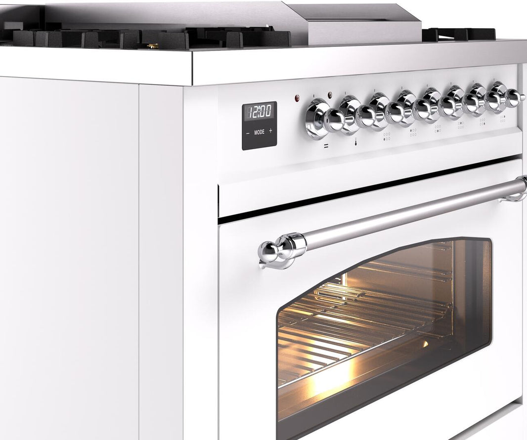 ILVE Nostalgie II 36-Inch Dual Fuel Freestanding Range in White with Chrome Trim (UP36FNMPWHC)