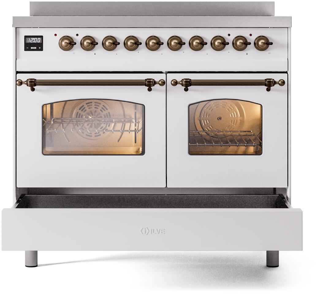 ILVE Nostalgie II 40-Inch Freestanding Electric Induction Range in White with Bronze Trim (UPDI406NMPWHB)