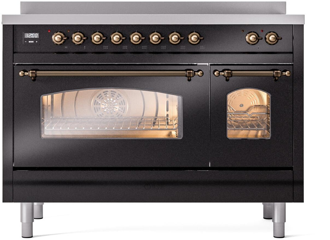 ILVE Nostalgie II 48-Inch Freestanding Electric Induction Range in Glossy Black with Bronze Trim (UPI486NMPBKB)