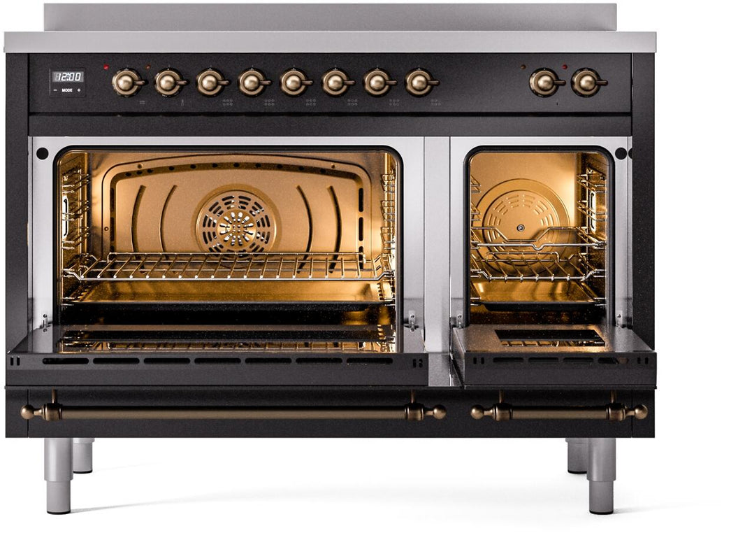 ILVE Nostalgie II 48-Inch Freestanding Electric Induction Range in Glossy Black with Bronze Trim (UPI486NMPBKB)