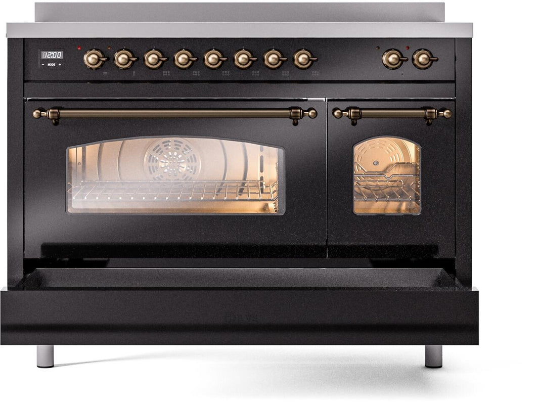 ILVE Nostalgie II 48-Inch Freestanding Electric Induction Range in Glossy Black with Bronze Trim (UPI486NMPBKB)